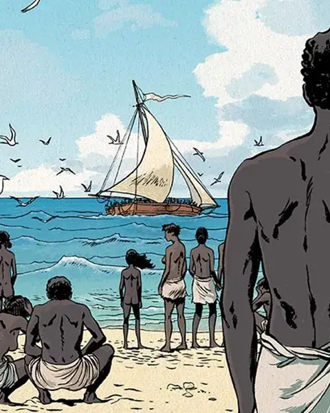Els esclaus de Tromelin mirant al mar com un vaixell s'apropa, esperant que els rescatin.