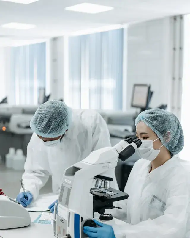 Dues persones treballant en un laboratori amb microscopis Dues persones treballant en un laboratori amb microscopis