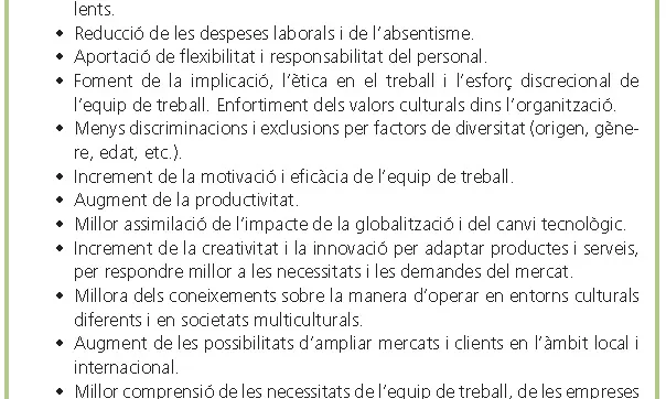 Resum dels beneficis de la gestió de la diversitat, inclòs a la Guia