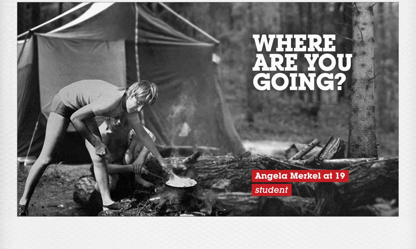Postal de la campanya Where are you(th) going? amb Angela Merkel