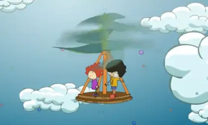 Imatge de l'animació amb els protagonistes volant per l'atmosfera
