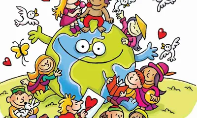Imatge dibuix de molts nens estimant el globus terraqui