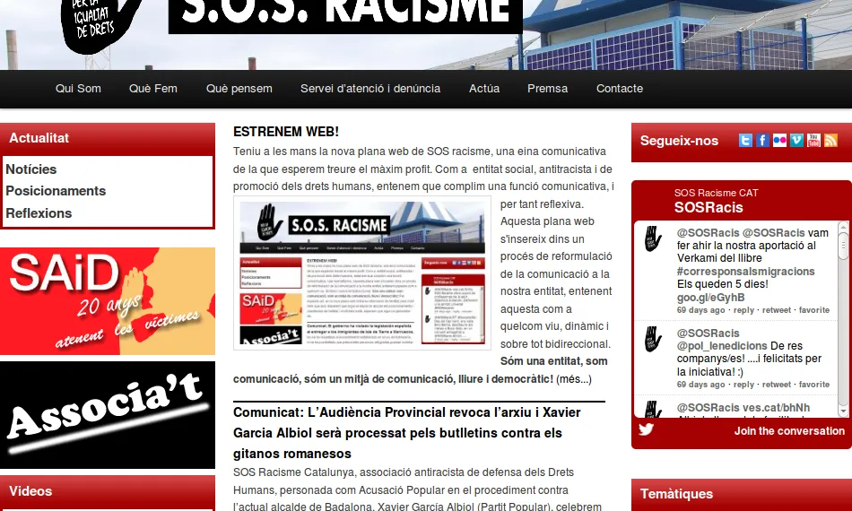 Captura del nou lloc web de SOS Racisme Catalunya