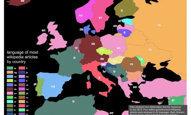 Mapa de llengües dominants segons l'estudi de Mark Graham