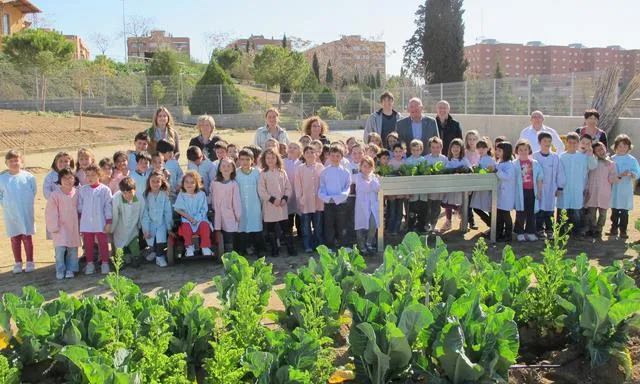 Alumnes de l'Escola Països Catalans de Lleida envoltant el seu hort