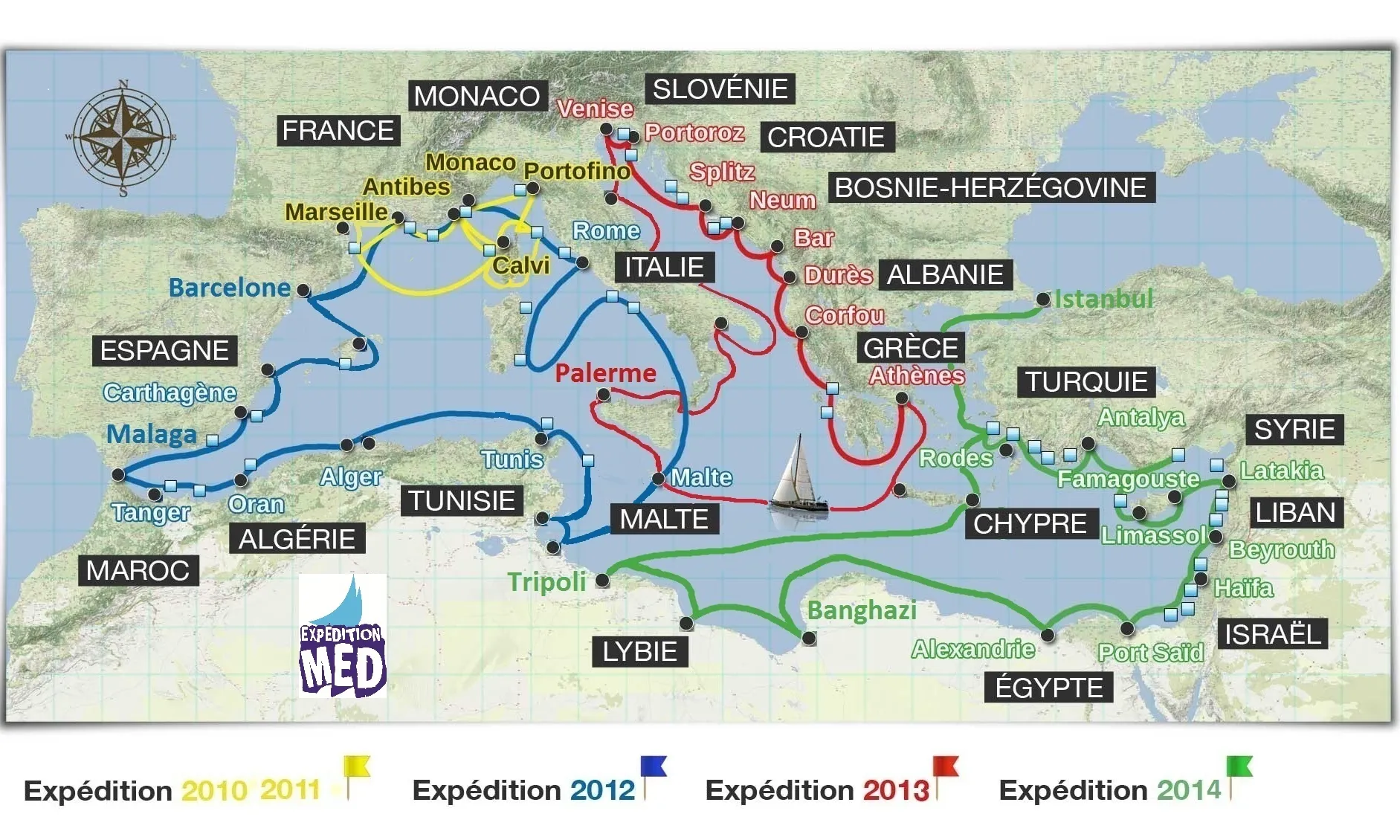 Mapa de les campanyes de mostreig dutes a terme al Mediterrani per Expedition Med (imatge; expeditionmed.eu).