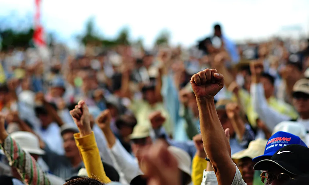 Un puny s'alça entre la multitud en una protesta.