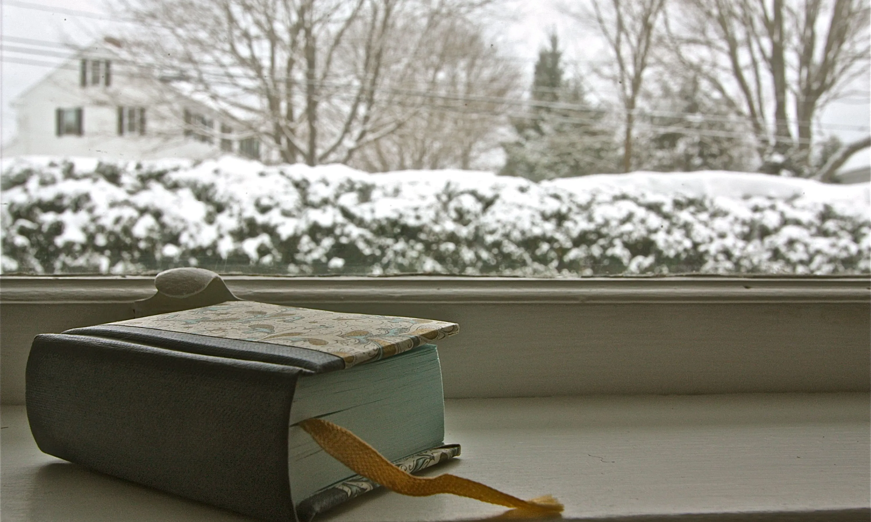 Llibre en una finestra amb uns exteriors nevats