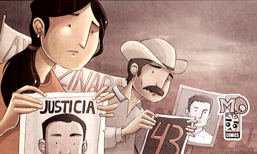 Il·lustració del còmic 'Grito de victoria' on apareixen dues persones amb cartells de 'Justícia' a les mans.
