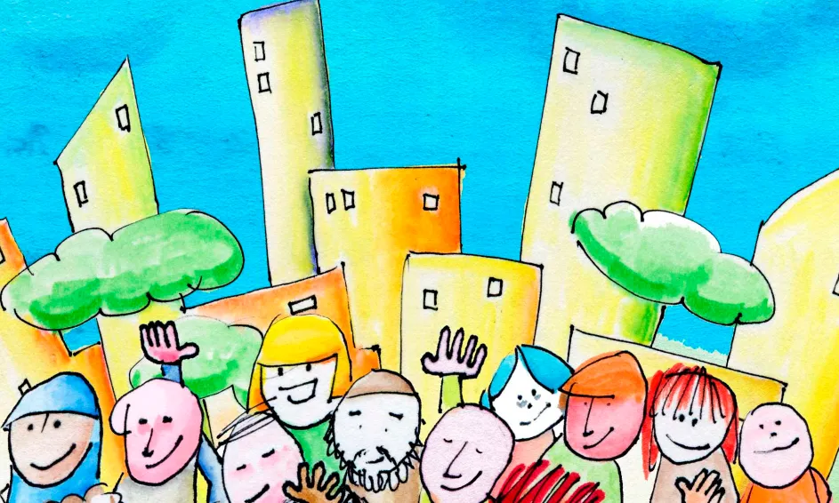 Il·lustració de persones davant d'uns edificis