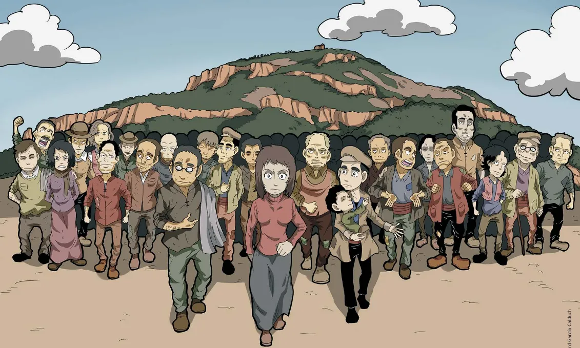 Il·lustració d'un grup de persones amb una muntanya al darrere