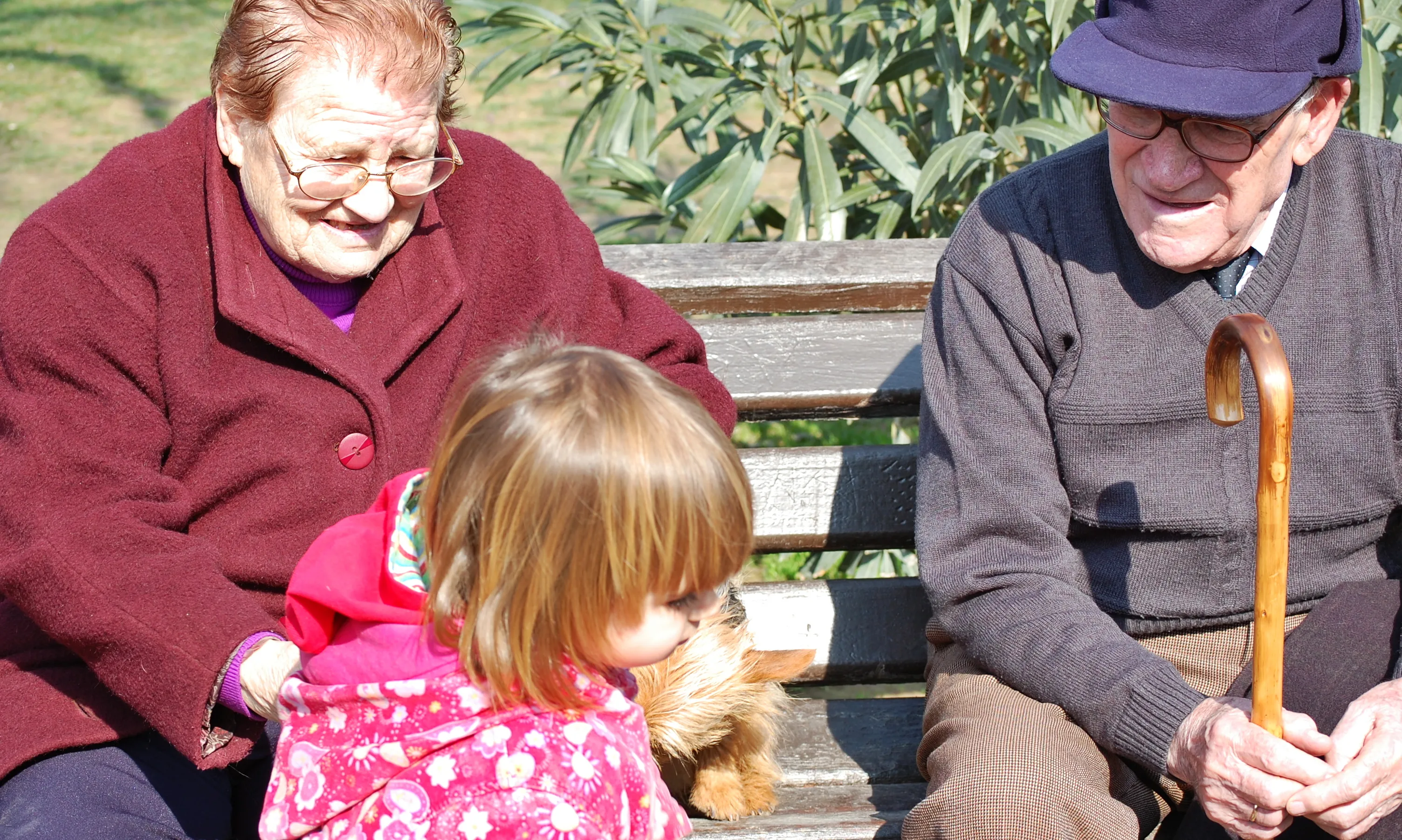 Padrins asseguts en un banc amb un infant al davant