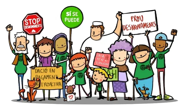 Il·lustració de Joan Turu donant suport a les persones i els moviments associatius que reclamen el dret a l’habitatge i la fi dels desnonaments.