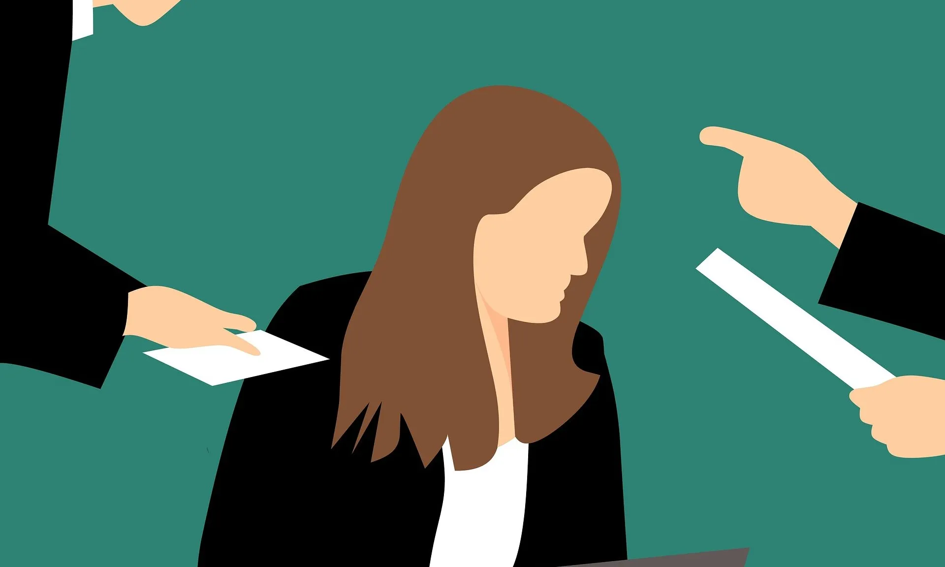 Il·lustració d'una situació d'assetjament laboral en que una dona rep ordres dels seus caps.