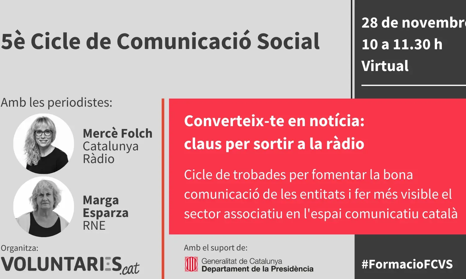 Cartell de la sessió formativa ”Converteix-te en notícia: claus per sortir a la ràdio”
