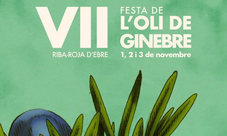 Fragment del cartell de la VII Festa de l'Oli de Ginebre de Riba-roja d'Ebre dissenyat per Ferran Orta Terré. Font: Associació Amics de Riba-roja d'Ebre.