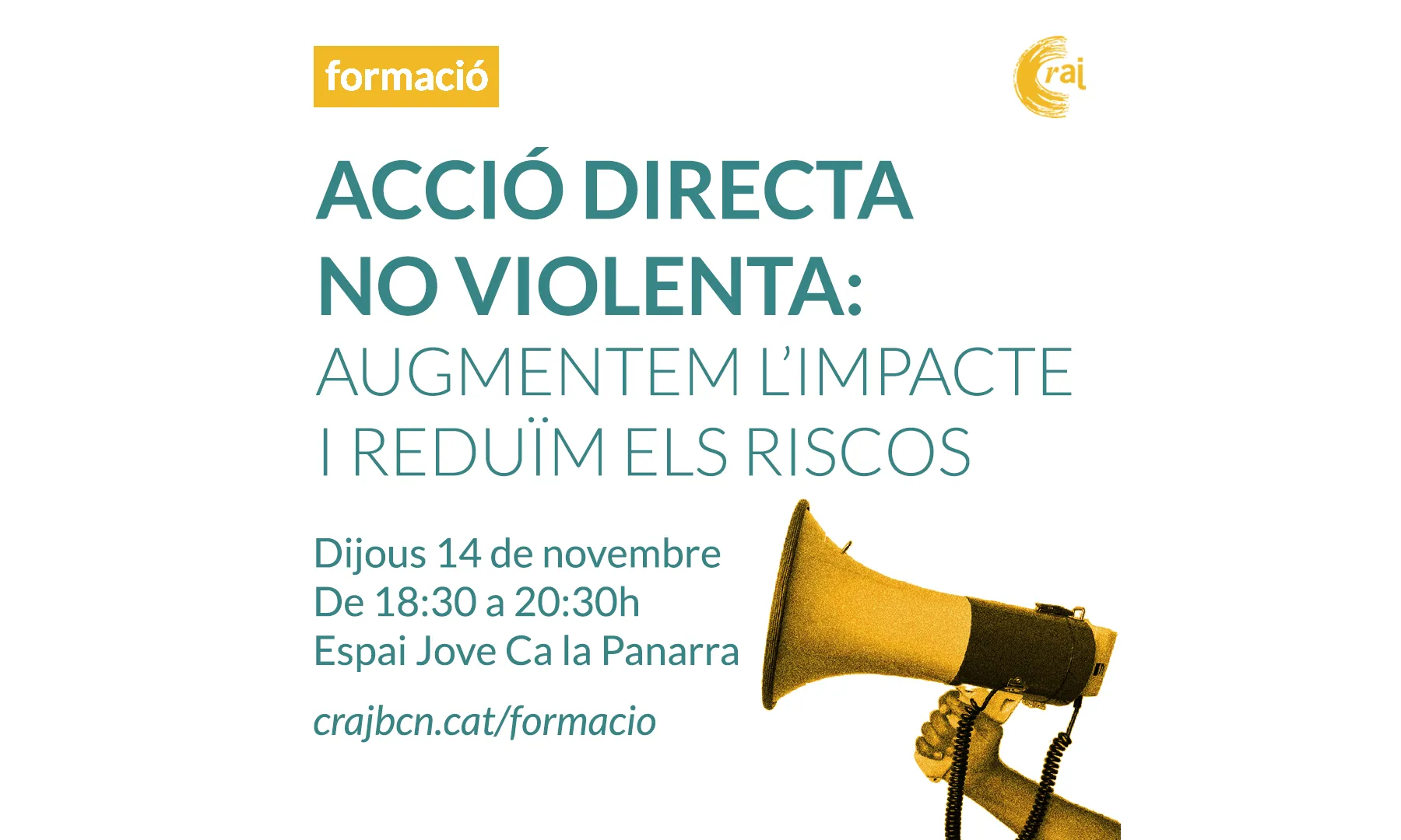 Cartell de la formació ‘Acció directa no violenta: augmentem l’impacte i reduïm els riscos’.