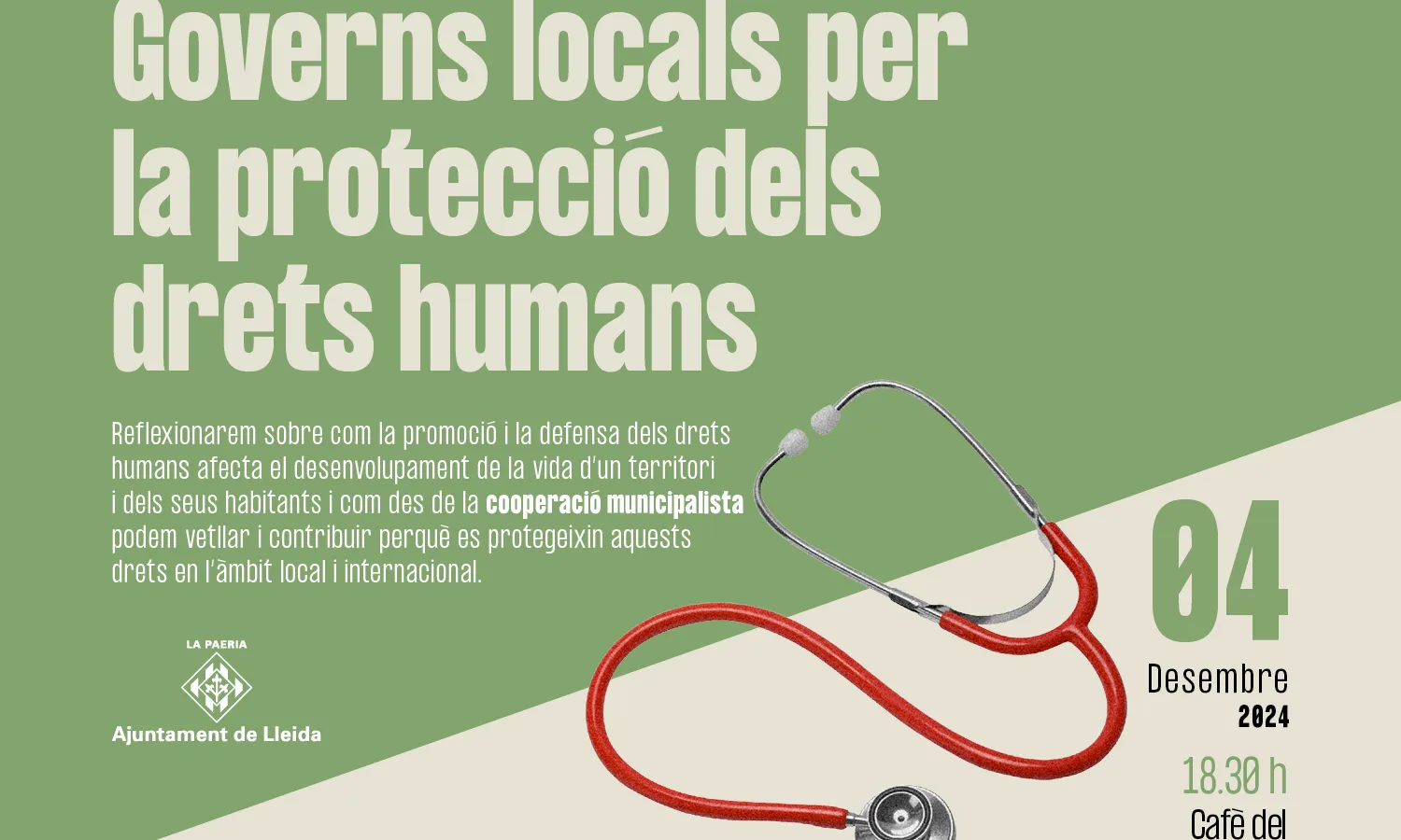 Títol de l'acte amb informació sobre el lloc, l'hora i els òrgans col·laboradors i una imatge d'un material sanitari