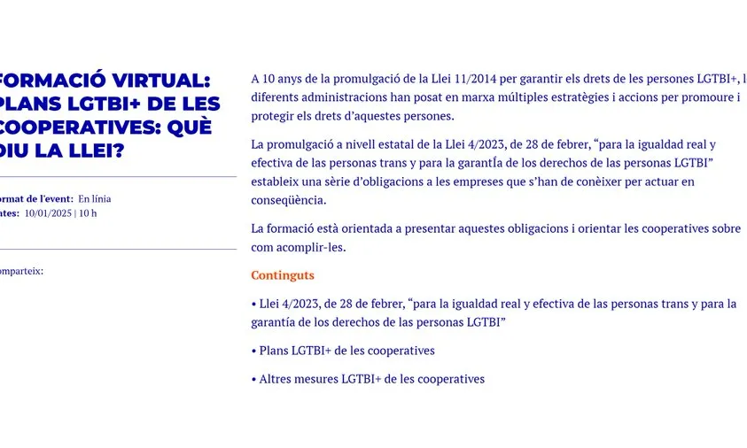 Programa de la formació Plans LGTBI+ de les cooperatives: què diu la llei?