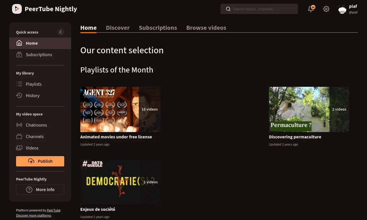 Captura de pantalla de la plataforma de Peertube.