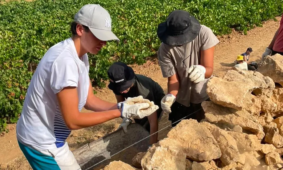 Dues persones treballant en un mur de pedra seca.