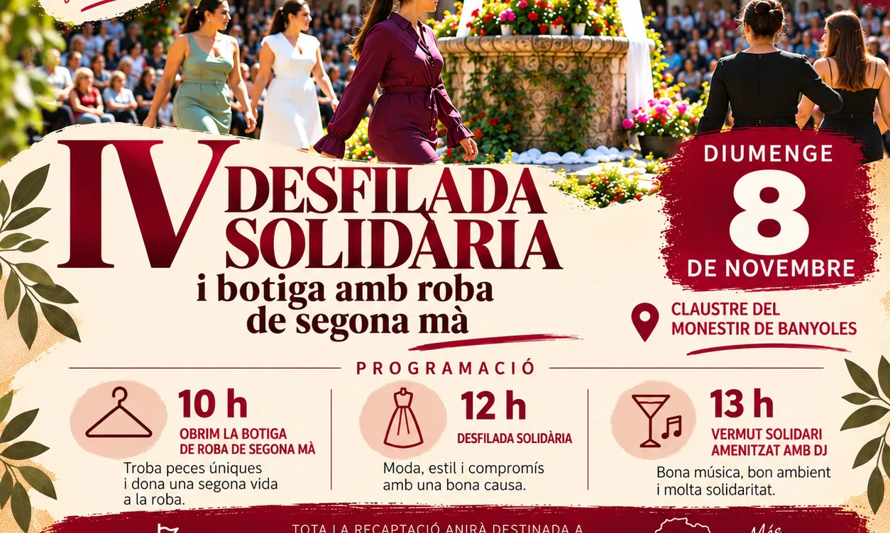 Cartell de la IV Desfilada Solidària i botiga de roba de segona mà d’AETTO, que se celebrarà el diumenge 8 de novembre al Claustre del Monestir de Banyoles. La programació inclou l’obertura de la botiga a les 10 h, la desfilada a les 12 h i un vermut solidari amb DJ a les 13 h. Tota la recaptació es destinarà a construir dues aules a Thiongue Ouolof, Senegal.