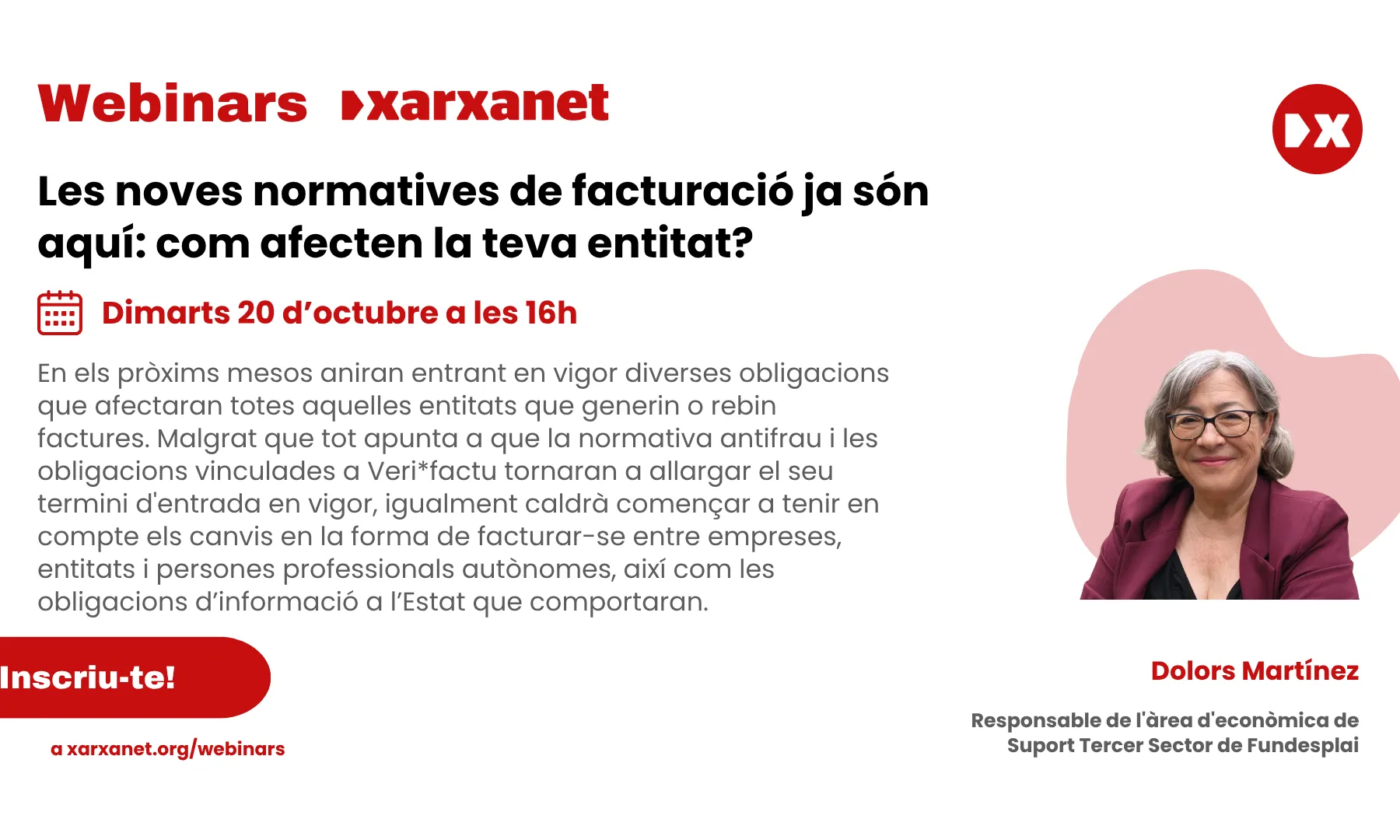 Cartell del webinar, amb un resum, el títol i el nom de la persona que l'impartirà.