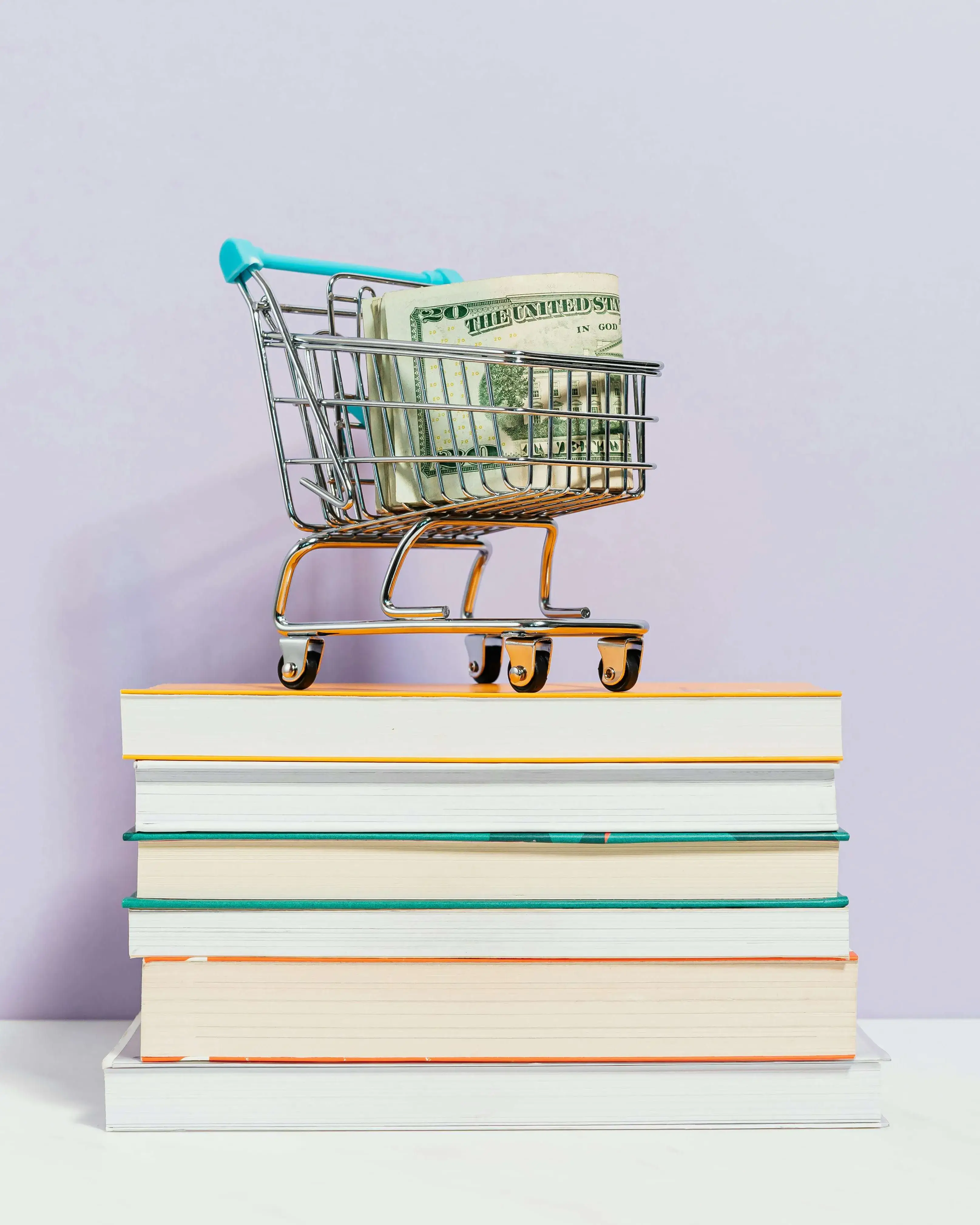 Carro de la compra amb diners a dintre sobre llibres amuntegats