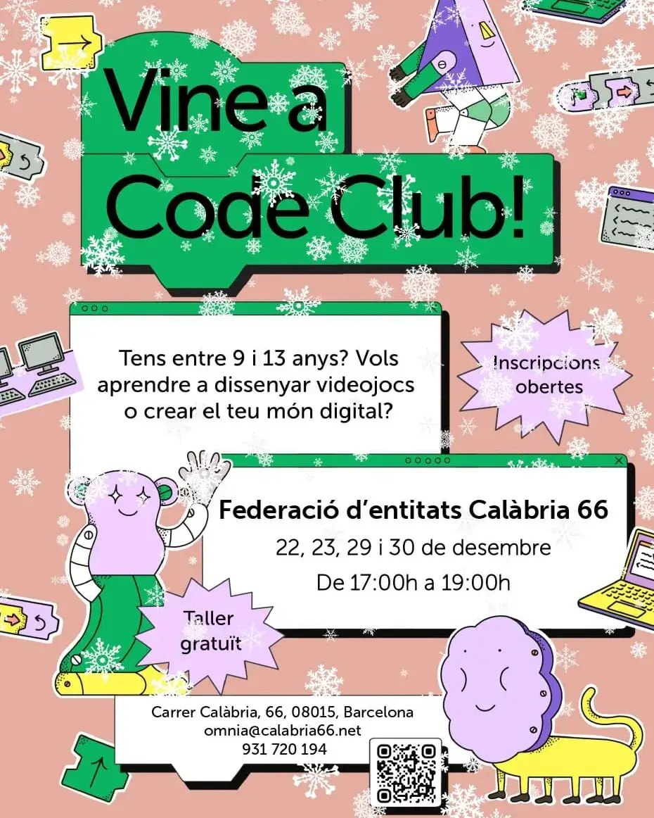 Cartell del taller Code Club Sant Antoni amb informació sobre les dates i ubicació.