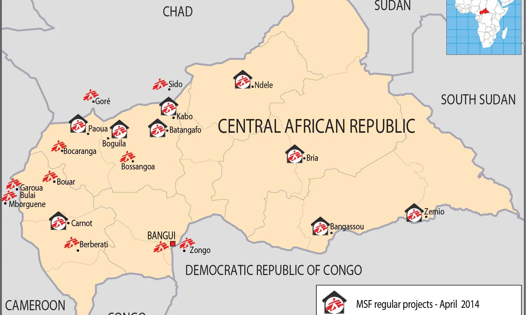 Mapa de la RCA i centres de MSF al país (Font: MSF)
