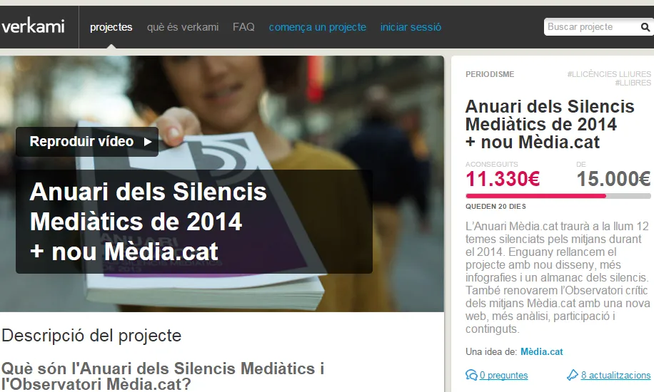 Aspecte de la campanya a Verkami per l'Anuari 2014 i el nou Mèdia.cat.