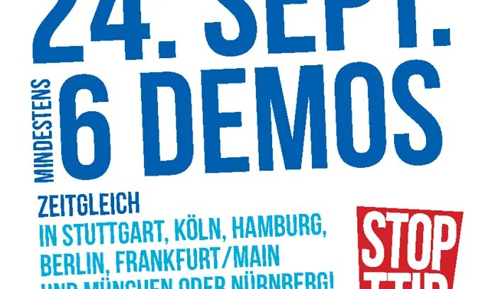 Són previstes manifestacions al setembre en diversos indrets d'Europa (imatge: TTIP uns CETA Stoppen)