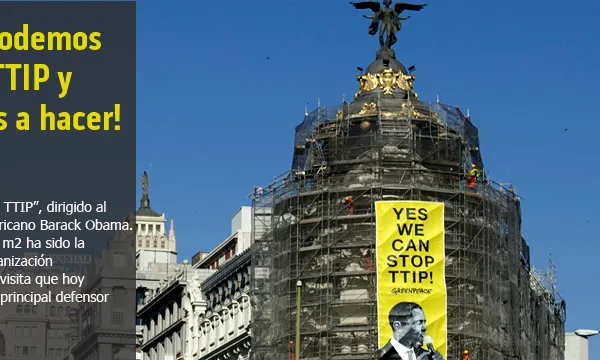 Imatge de la acció de Greenpeace durant la visita d' Obama a Madrid (imatge: greenpaece.org/españa)