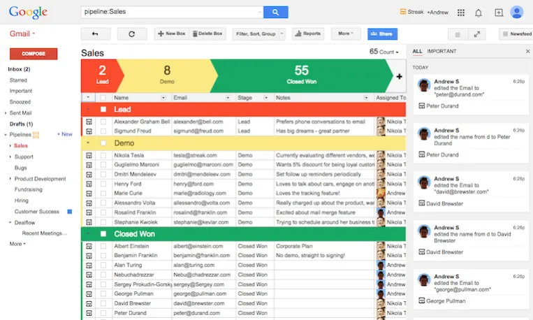 Streak aprofita Gmail per classificar tota la comunicació. 