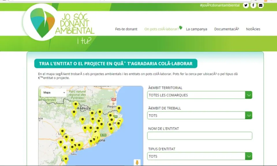 El portal permet fer una cerca d'entitats per àmbit territorial o per àmbit de treball (imatge: donantambiental)