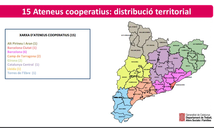 Mapa que mostra el repartiment dels nous ateneus a Catalunya. Font: Departament de Treball de la Generalitat