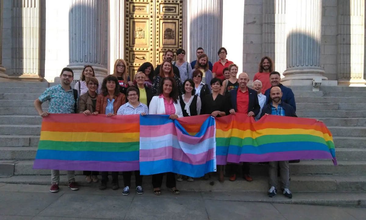 Representants del col·lectiu LGTBI després que el Congrés aprovés la tramitació de la llei