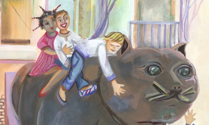 Dibuix que mostra uns infants a sobre del gat de Botero 