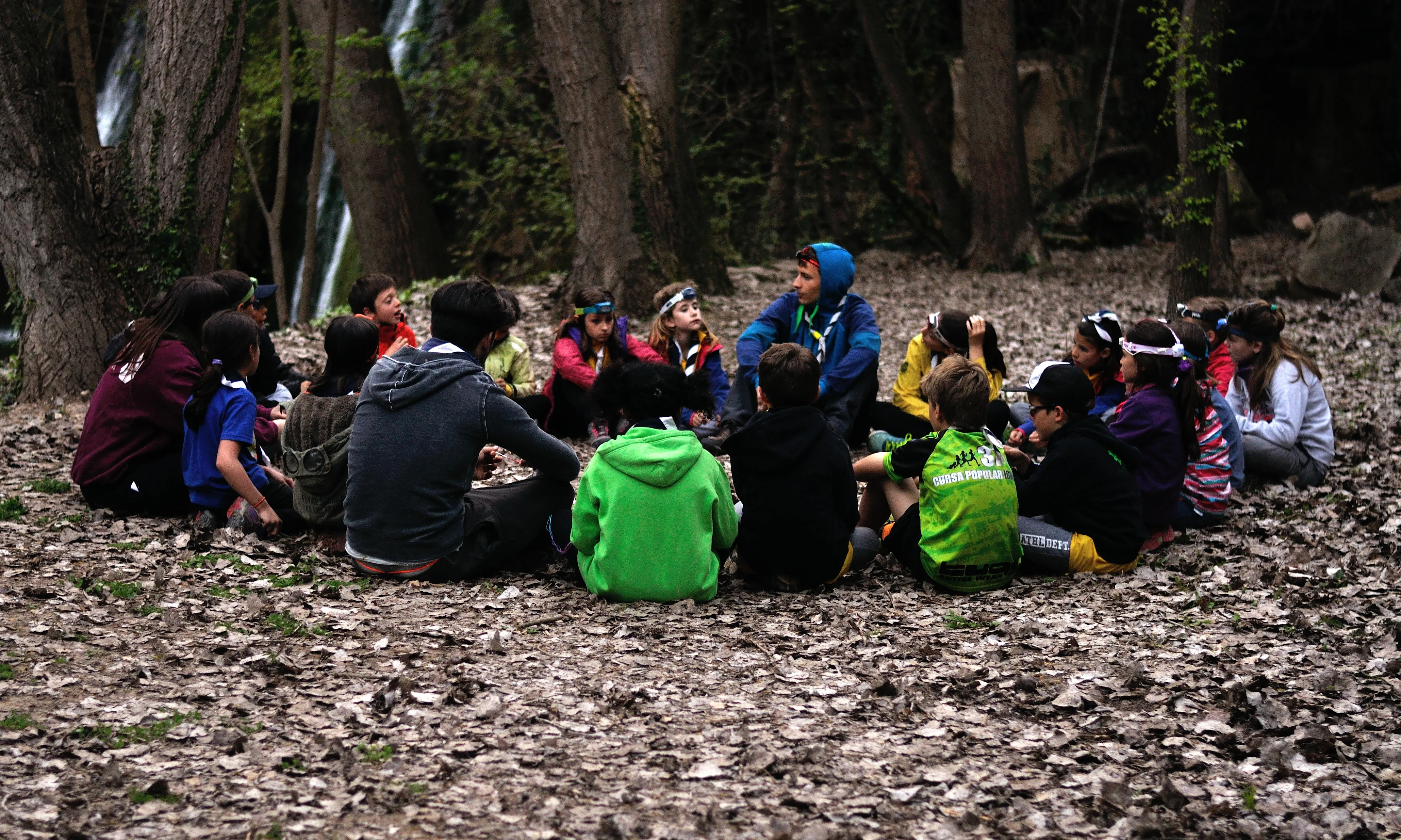 Un grup d'infants fent una activitat en rotllana al bosc.