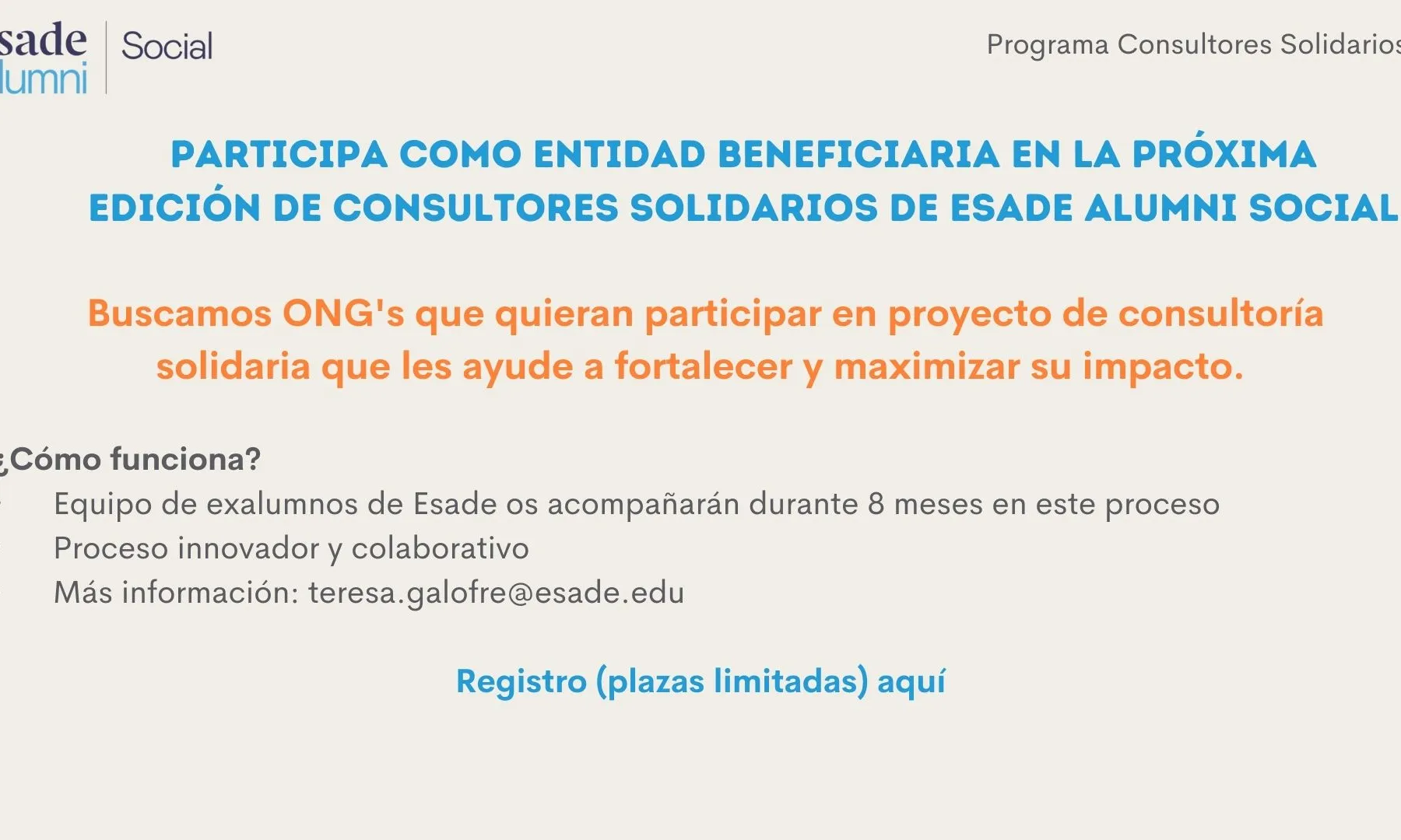 XVII edició Consultors Solidaris de Esade Alumni Social · Convocatòria Entitats Barcelona curs 2022-23