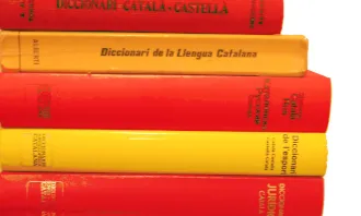 Llibres apilats formant la bandera catalana