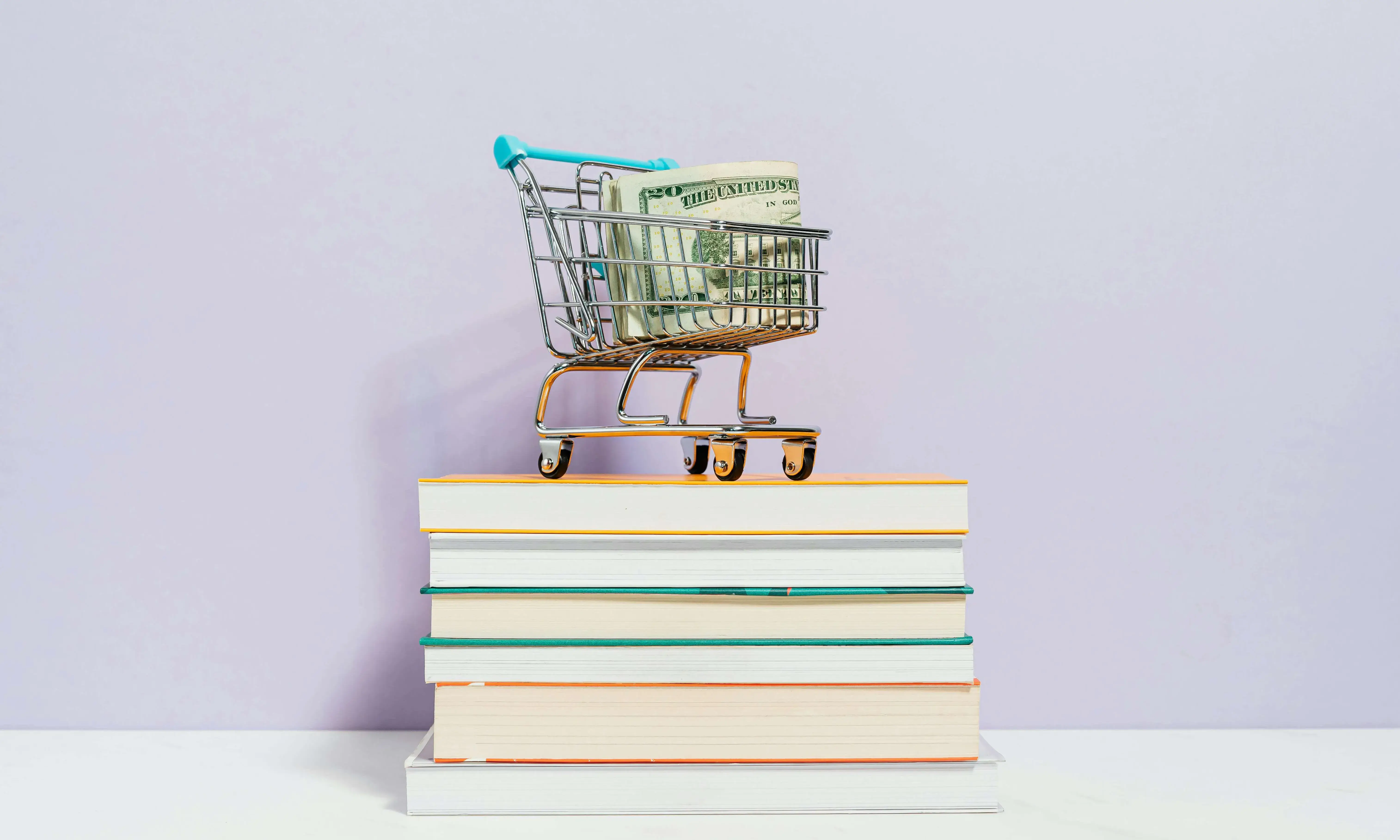 Carro de la compra amb diners a dintre sobre llibres amuntegats