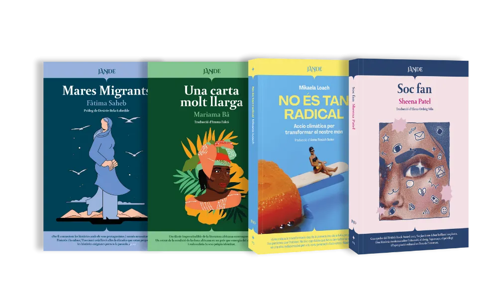 Portades de 'Mares migrants', de Fàtima Saheb; 'Una carta molt llarga, de Mariama Bâ; 'No és tan radical', de Mikaela Loach; i 'Soc fan', de Sheena Patel. 