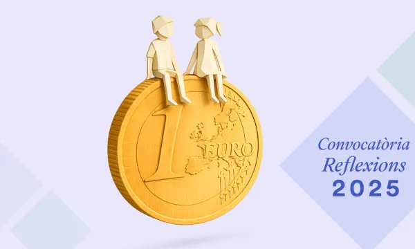 Il·lustració de dues figures assegudes sobre una moneda d’un euro amb el text ‘Convocatòria Reflexions 2025’.