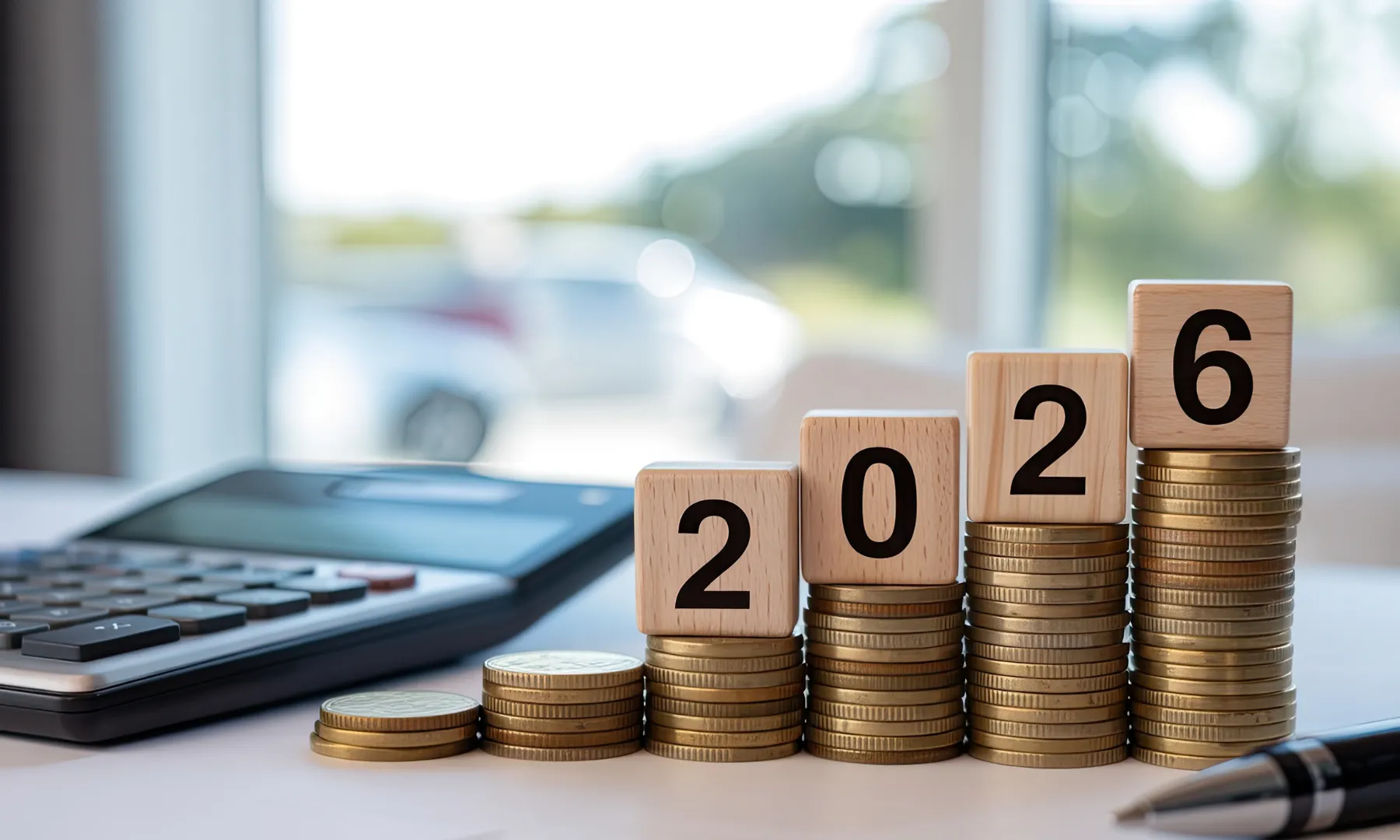 Piles de monedes amb blocs de fusta que formen l’any 2026, al costat d’una calculadora, simbolitzant planificació econòmica i canvis en la facturació.