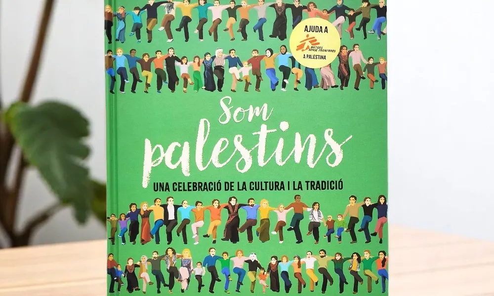 Portada del llibre 'Som palestins', on es pot veure el títol envoltat de figures de persones.