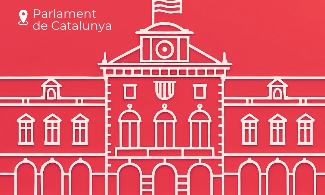 Cartell de la jornada, amb el títol, la data, i un dibuix de la façana Parlament.