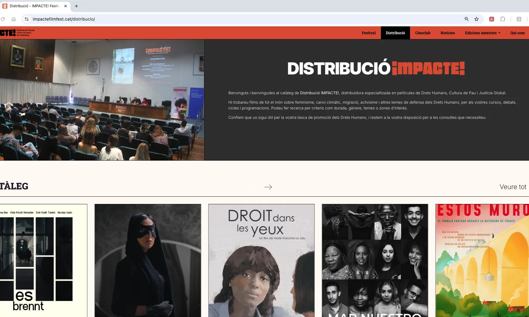 Entrada a la pàgina d'informació de la Distribuïdora IMPACTE!, amb accés al Catàleg